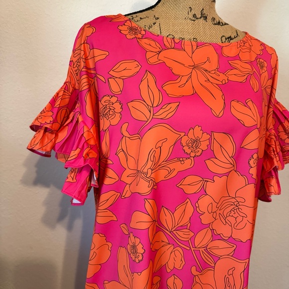 Hot pink and orange floral print dress featuring ruffled sleeves medium - Picture 3 of 11